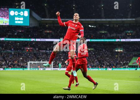 Londra, Regno Unito. 25 febbraio 2024. Virgil van Dijk di Liverpool celebra il suo gol ma il VAR lo governa in fuorigioco durante la finale della Carabao Cup Chelsea vs Liverpool al Wembley Stadium, Londra, Regno Unito, 25 febbraio 2024 (foto di Gareth Evans/News Images) a Londra, Regno Unito, il 2/25/2024. (Foto di Gareth Evans/News Images/Sipa USA) credito: SIPA USA/Alamy Live News Foto Stock