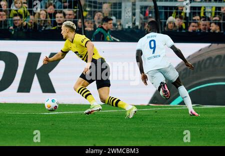 Dortmund, Germania. 25 febbraio 2024. Calcio: Bundesliga, Borussia Dortmund - TSG 1899 Hoffenheim, Matchday 23, Signal Iduna Park. Nico Schlotterbeck di Dortmund e Ihlas Bebou di Hoffenheim in azione. Credito: Bernd Thissen/dpa - NOTA IMPORTANTE: in conformità con i regolamenti della DFL German Football League e della DFB German Football Association, è vietato utilizzare o far utilizzare fotografie scattate nello stadio e/o della partita sotto forma di immagini sequenziali e/o serie di foto video./dpa/Alamy Live News Foto Stock