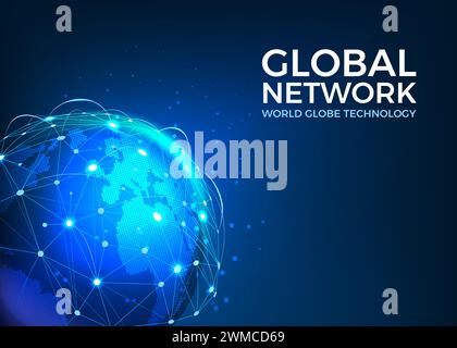 Rete globale. Tecnologia globale, connessione Internet per le aziende, comunicazione tecnologica mondiale. Pianeta Terra, connessione online, satellite internazionale. Sfondo blu di rete astratta vettoriale Illustrazione Vettoriale
