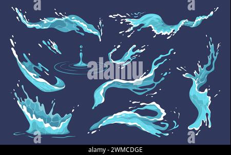 Onda d'acqua. Simboli di animazione Ocean Circle Splash spray o game liquid Falling drop, Fluid stream e Drip. Pulire acqua fresca di forme diverse, particelle blu che scorrono. Set isolato di cartoni animati vettoriali Illustrazione Vettoriale