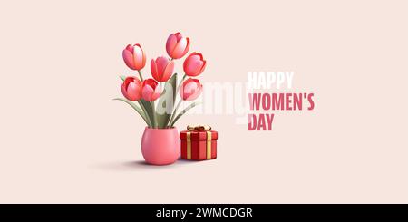 Realistica rappresentazione 3d di fiori di tulipani primaverili per la donna o per lo striscione del biglietto di auguri per la festa della mamma Illustrazione Vettoriale