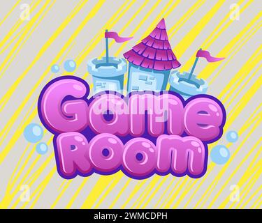 Logo della sala giochi. Banner zona bambini con castello. Area di intrattenimento per bambini. Adesivo per il parco giochi per attività divertenti. Distintivo isolato colorato con lettera luminosa Illustrazione Vettoriale