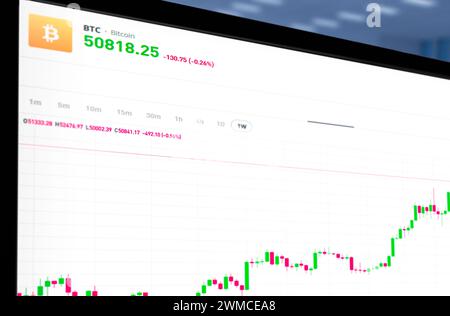 Barcellona, Spagna. 25 febbraio 2024: Schermo del computer con un grafico azionario Bitcoin Foto Stock
