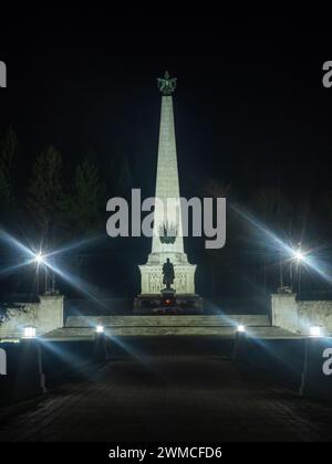 Commemorazione illuminata dell'esercito sovietico a Svidnik di notte con una scultura di un soldato in guardia. Slovacchia, Europa. Foto Stock