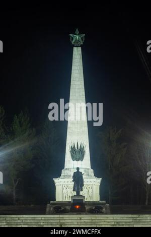 Commemorazione illuminata dell'esercito sovietico a Svidnik di notte con una scultura di un soldato in guardia. Slovacchia, Europa. Foto Stock