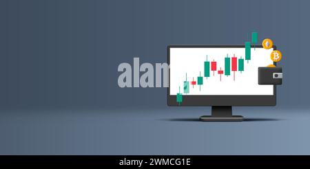 Grafico di trading delle valute cripto con barre di candele giapponesi, portafoglio con bitcoin e monete ethereum, banner grafico grafico 3d. Illustrazione Vettoriale