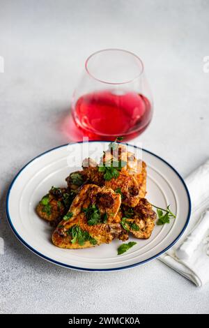 Primo piano di ali di pollo arrosto con coriandolo e una bevanda alla frutta Foto Stock