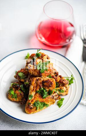 Primo piano di ali di pollo arrosto con coriandolo e una bevanda alla frutta Foto Stock
