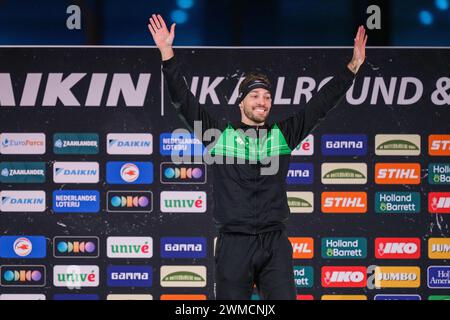 Heerenveen, Paesi Bassi. 25 febbraio 2024. HEERENVEEN, PAESI BASSI - FEBBRAIO 25: Podio di Kjeld NUIs Daikin NK Sprint a Thialf il 25 febbraio 2024 a Heerenveen, Paesi Bassi. (Foto di Douwe Bijlsma/Orange Pictures) credito: Orange Pics BV/Alamy Live News Foto Stock