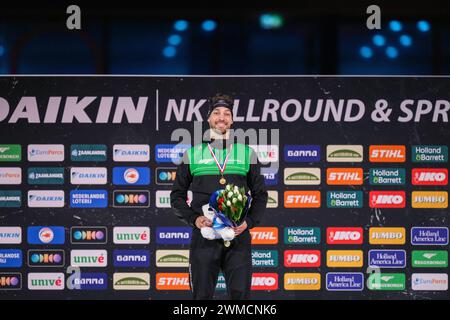 Heerenveen, Paesi Bassi. 25 febbraio 2024. HEERENVEEN, PAESI BASSI - FEBBRAIO 25: Podio di Kjeld NUIs Daikin NK Sprint a Thialf il 25 febbraio 2024 a Heerenveen, Paesi Bassi. (Foto di Douwe Bijlsma/Orange Pictures) credito: Orange Pics BV/Alamy Live News Foto Stock