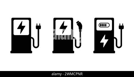 Icona del caricabatteria per auto elettrico. Stazione di ricarica per veicoli elettrici. Cartello pompa di alimentazione elettrica per auto ibride. Caricabatterie con spina per alimentazione elettrica Illustrazione Vettoriale