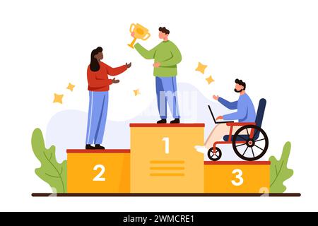 Discriminazione, ableismo, pregiudizi nella società, pregiudizi sociali nei confronti dei dipendenti con disabilità. Piccole persone in piedi sul podio dei vincitori, donna in sedia a rotelle in 3 posti illustrazione vettoriale cartoni animati Illustrazione Vettoriale