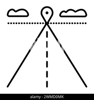 Modalità di consegna, strada, skyline e destinazione, icona vettoriale della linea nera del percorso e della posizione Illustrazione Vettoriale