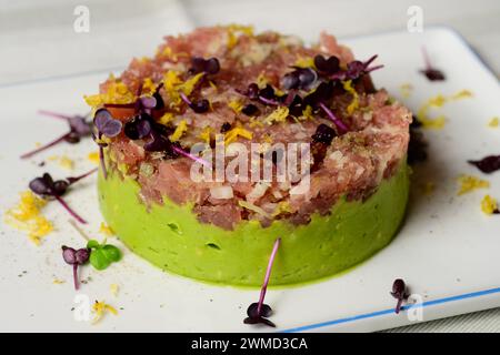 Tartaro di tonno crudo con scorza di limone ed erbe aromatiche Foto Stock