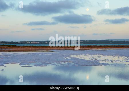 Camminatori che attraversano al tramonto con la luna piena le salinas vicino a Estany Pudent (la Savina, Parco naturale di Ses Salines, Formentera, Isole Baleari, Spagna) Foto Stock