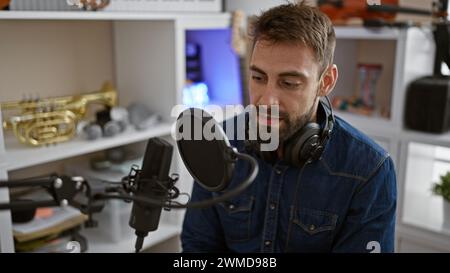 Bellissimo giovane ispanico, un artista serio con la barba, che si concentra mentre canta appassionatamente la sua canzone, eseguendo con un microfono in un indoo Foto Stock