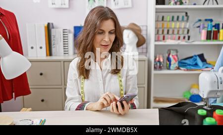 Donna di mezza età con capelli corti che utilizza uno smartphone in un negozio di sartoria circondato da stoffe, macchine da cucire e bobine di filo. Foto Stock