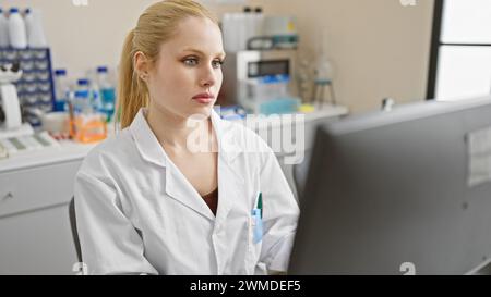 Una scienziata caucasica sta lavorando intensamente in un ambiente di laboratorio, circondato da attrezzature scientifiche. Foto Stock
