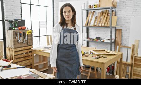 Giovane donna sicura di sé con grembiule in piedi in un'officina luminosa Foto Stock