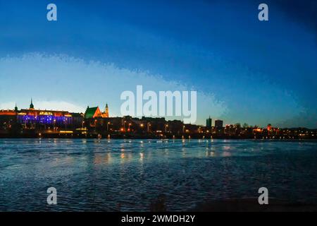 Splendido panorama notturno di Varsavia con la basilica dell'Arcicattedrale Martydrom di San Giovanni Battista e il fiume Vistola e il retro del Castello reale durante il CH Foto Stock