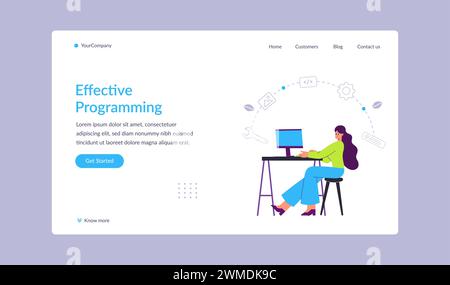 Pagina di destinazione della programmazione efficace. Sviluppatore di software donna o ui ux progettato per lavorare su un computer desktop Illustrazione Vettoriale