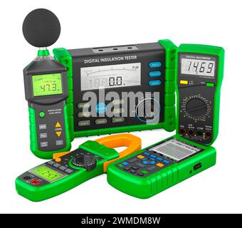 Set di dispositivi di misurazione digitali. Misuratore digitale del livello sonoro, oscilloscopio, multimetro, multimetro a pinza, megaohmmetro. Rendering 3D isolato su W Foto Stock