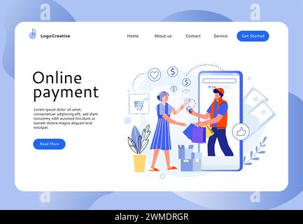 Pagina di destinazione per gli acquisti online. Donna che ordina prodotti e paga su Internet. Pubblicità e-commerce Illustrazione Vettoriale