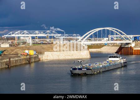 DAS Duisburg Gateway Terminal, neuer, trimodaler Umschlagplatz für Container im Duisport, Binnenhafen Duisburg-Ruhrort, noch im Bau, kurz vor der Fertigstellung, auf der ehemaligen Kohleninsel, 235,000 m2 Fläche für, soll mit Wasserstoff Klimaneutral betrieben werden, NRW, Deutschland, Duisburg Gateway Terminal ***** il nuovo Gateway punto di trasbordo trimodale per container nel porto interno di Duisport, Duisburg Ruhrort, ancora in costruzione, poco prima del completamento, sull'ex isola del carbone, area di 235.000 m2 per essere gestito climaticamente neutro con idrogeno, NRW, tedesco Foto Stock