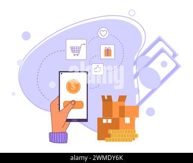 Shopping online, pagamento con carta di credito al dettaglio. Tenere lo smartphone a mano per pagare le merci. Ordinazione di prodotti tramite sistemi di pagamento Illustrazione Vettoriale