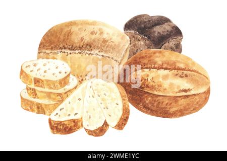 Composizione acquerello con pane e panini isolati su bianco. Immagine disegnata a mano di pane e baguette al forno marrone. Per il design del logo, i menu e il volantino Foto Stock