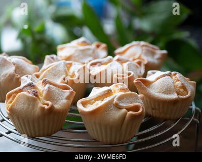 I cupcake Soffioni Abruzzesi appena sfornati stanno diventando freddi sulla griglia, attenzione selettiva. Pasticceria italiana Foto Stock