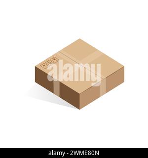 Scatola bassa in cartone chiusa isometrica di forma quadrata con simboli postali Illustrazione Vettoriale