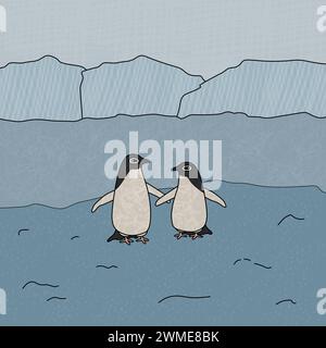 Pinguini di Adelie vicino all'oceano e agli iceberg. Carino cartone animato vettoriale illustrato a mano dell'animale in Antartide. Contorno polare per bambini Illustrazione Vettoriale