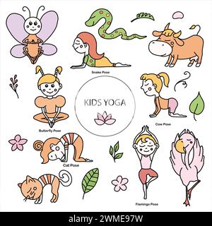 Set di pose per animali da yoga per bambini. Gatto, mucca, farfalla, fenicottero, asana serpente. Illustrazione vettoriale dei cartoni animati in stile doodle. Illustrazione Vettoriale