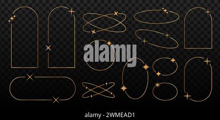 Set di cornici dorate alla moda. Forma ad arco dorato, ovale e circolare con icone scintillanti e scintillanti. Elementi decorativi boho. Ornamenti vintage. Decorazione cosmica, mistica, futuristica. Illustrazione vettoriale. Illustrazione Vettoriale