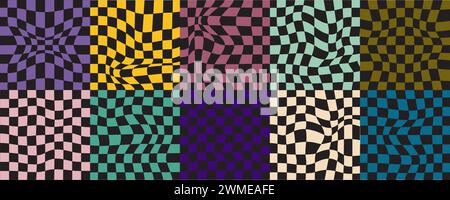 Campioni di sfondo scacchiera distorti. Motivi psichedelici con quadrati colorati deformati. Effetti di illusione visiva a scacchi. Layout goffi in stile retrò Illustrazione Vettoriale