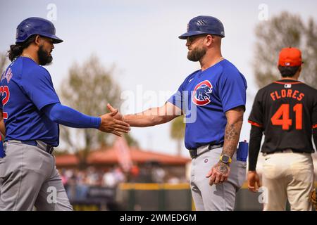 L'allenatore della prima base dei Chicago Cubs Mike Napoli (55) schiaffeggia il ricevitore Jorge Alfaro (32) per aver raggiunto la base nel terzo inning di una base di allenamento primaverile della MLB Foto Stock