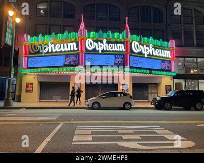 Orpheum, Teatro, art deco, architettura, notte, neon, light, tendone, centro, Los Angeles, California, Stati Uniti Foto Stock