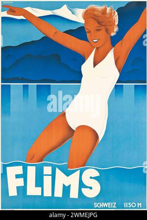 Poster da viaggio vintage. "Flims" Svizzera. Di Johannes Handschin anni '1930 Con bagno femminile, vista sulle montagne e sul lago Foto Stock