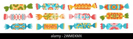 Caramelle avvolte con ornamento. Caramello bonbon lollipop cioccolato, cartoni animati doodle dolci snack. Gustoso dessert con zucchero e cibo per bambini. Illustrazione vettoriale caramello caramello caramello delizioso Illustrazione Vettoriale