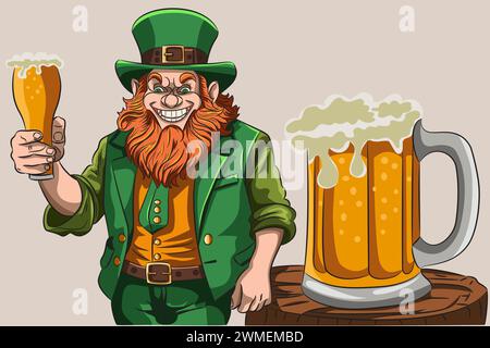 Leprechaun in un cappello verde con un bicchiere di birra schiumosa in mano. Illustrazione Vettoriale