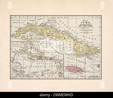 Mappa d'epoca di Cuba con mappa generale delle Indie occidentali. intorno agli anni '1890 Foto Stock