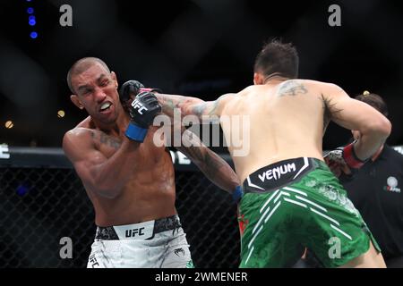 Città del Messico, Messico. 24 febbraio 2024. CITTÀ DEL MESSICO, mex - 24 febbraio: Cristian Quiñonez e Raoni Barcelos combattono nell'incontro di 3 round dei pesi gallo all'Arena CDMX per UFC Fight Night - città del Messico il 24 febbraio 2024 a città del Messico, Distrito Federal, Messico. (Foto di Alejandro Salazar/AG Fight) credito: PX Images/Alamy Live News Foto Stock