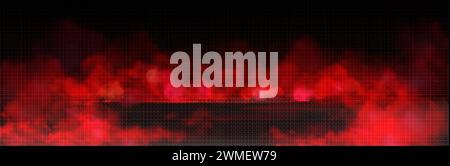 Effetto di sovrapposizione fumo rosso su sfondo nero. Illustrazione vettoriale realistica di fuoco caldo astratto e nuvole di fiamma all'inferno, polvere di vernice spruzzata nell'aria Illustrazione Vettoriale