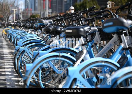 Pechino, Cina. 25 febbraio 2024. Le biciclette noleggiate da fornitori cinesi sono parcheggiate sul marciapiede. Credito: Johannes Neudecker/dpa/Alamy Live News Foto Stock