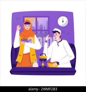 Famiglia musulmana che fa illustrazione iftar ramadan Illustrazione Vettoriale