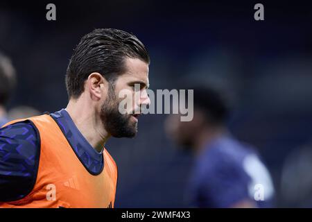 Madrid, Spagna. 25 febbraio 2024. Jose Ignacio Fernandez Iglesias, conosciuto come Nacho Fernandez del Real Madrid CF, si riscalda prima della partita di calcio della settimana sportiva 26 LaLiga EA tra il Real Madrid CF e il Siviglia FC allo stadio Santiago Bernabeu. Punteggio finale: Real Madrid CF-Sevilla FC 1-0 credito: SOPA Images Limited/Alamy Live News Foto Stock