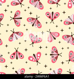 Modello di falena senza cuciture vettoriale. Farfalle stilizzate di colore rosa su sfondo giallo Illustrazione Vettoriale