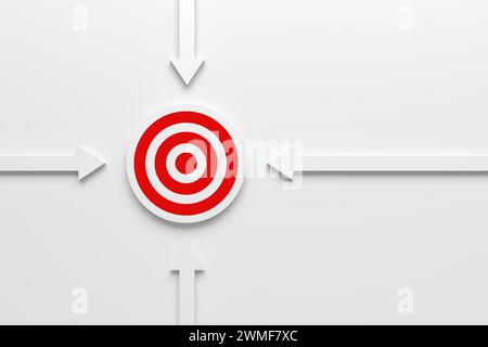 Obiettivo raggiunto e concetto di successo aziendale. Definizione degli obiettivi. Frecce direzionali bianche che si dirigono verso il simbolo di destinazione su sfondo bianco. 3D r Foto Stock
