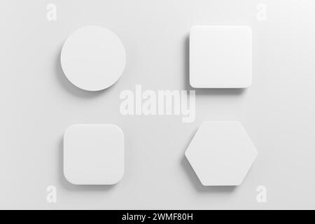 Set di pulsanti bianchi. Pulsanti rotondi e quadrati con ombra su sfondo bianco. Rendering 3D. Foto Stock